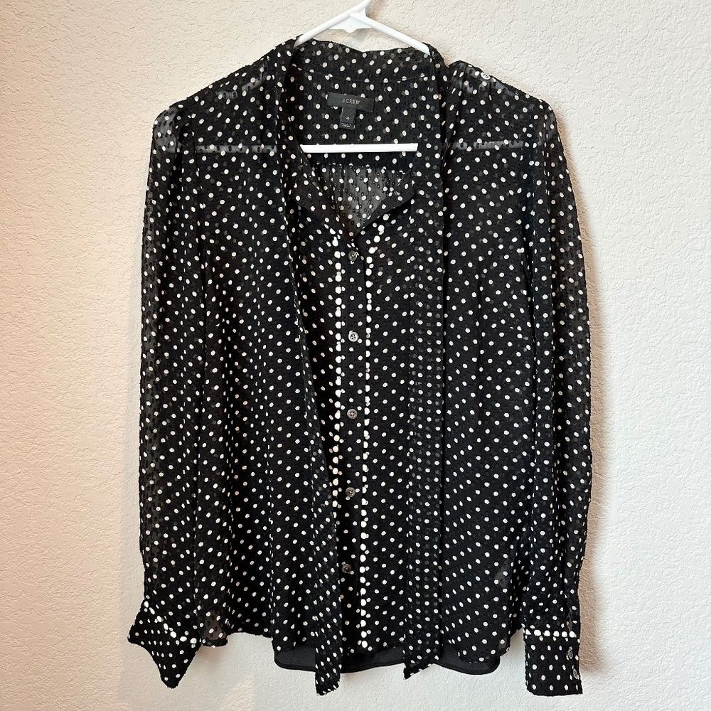 J. Crew Black White Polka Dot Silk Swiss Dot Tie Front Button Down Blouse 4 EUC